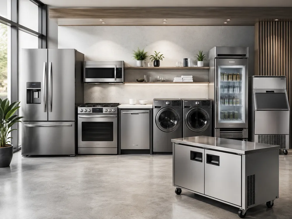 Premium kitchen appliances — refrigerator, range, and oven