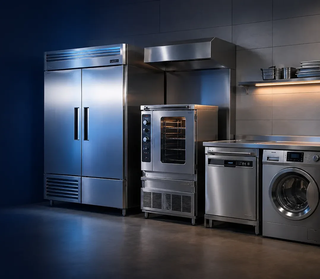Commercial kitchen with stainless steel appliances