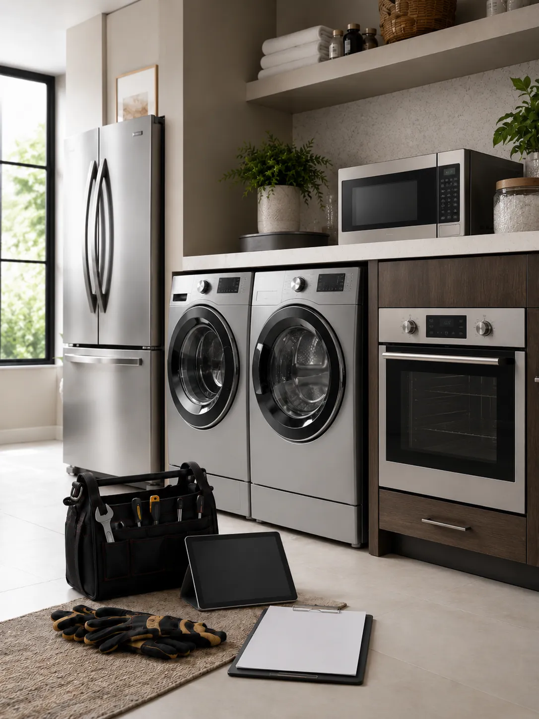 Bright modern kitchen with refrigerator, range, and dishwasher