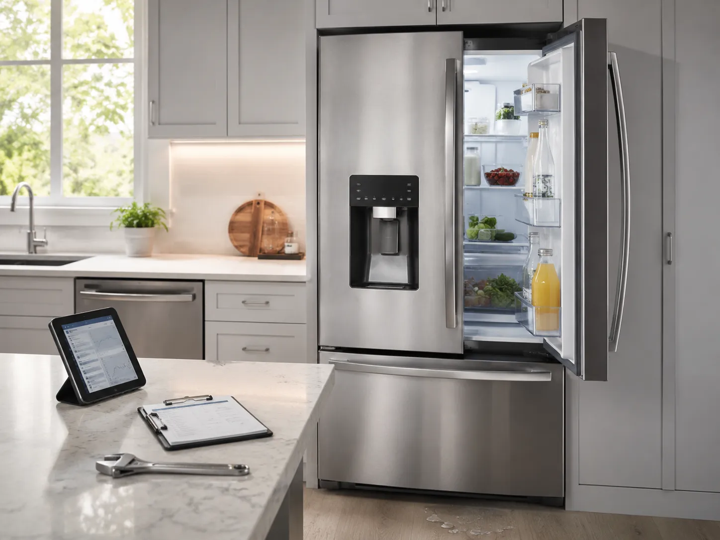Modern stainless steel refrigerator with French doors