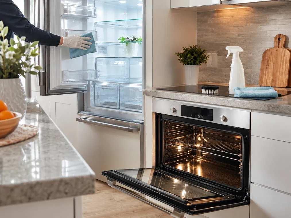 Clean modern kitchen with stainless refrigerator and oven